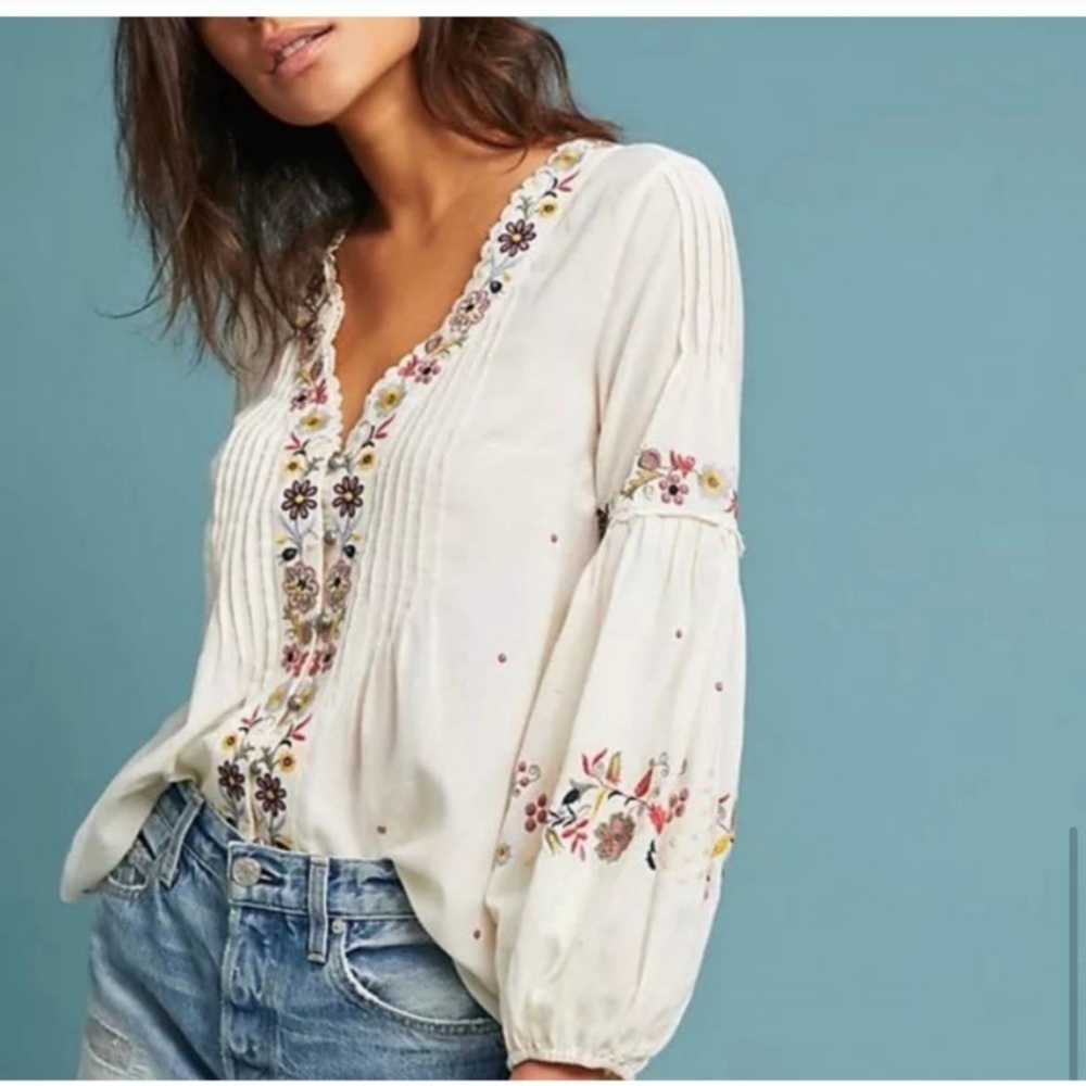 Anthropologie Carthage Embroidered Peasant Top